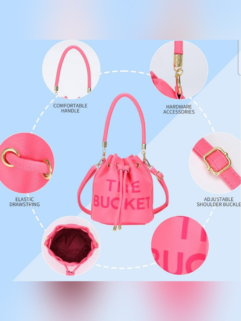 Adorable Pink Drawstring Bucket Satchel Crossbody Bag NWT - Picture 8 of 12
